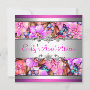 Sweet Sixteen Pink Silver Floral Diamond jewel Invitation
