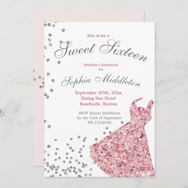 Sweet Sixteen Pink Sparkle Elegant Modern Birthday Invitation (Front/Back)