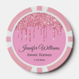 sweet sixteen pink sparkles dripping glitters chic poker chips