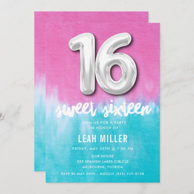 Sweet Sixteen Pink Tie Dye Party Invitation  (Front/Back)