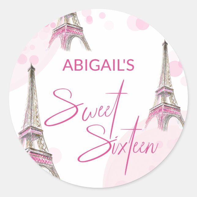 Sweet Sixteen Pink White Paris Eiffel Tower Classic Round Sticker (Front)