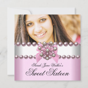 Sweet Sixteen Pink White Pink Pearl Bow Photo Invitation