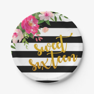 Sweet Sixteen Plate - Floral with Black & White