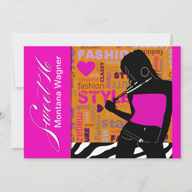 Sweet Sixteen Posh Popp Zebra hot pink | orange Invitation (Front)