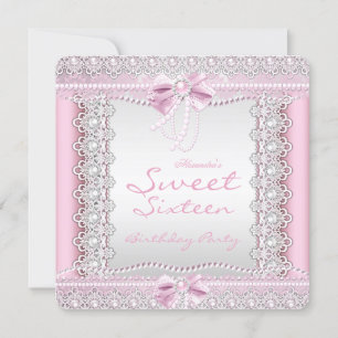 Sweet Sixteen Pretty Pink White Pearls Lace Bow Invitation