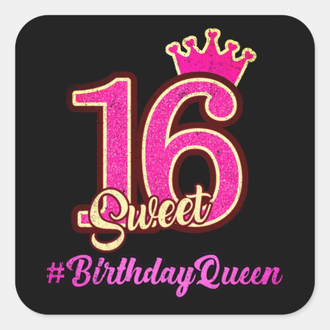 Sweet Sixteen Princess Crown, 16th Birthday Queen Square Sticker (Front)