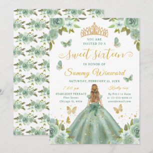 Sweet Sixteen Princess Green Floral Gold Tiara Invitation
