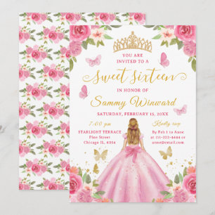 Sweet Sixteen Princess Pink Floral Gold Tiara Invitation