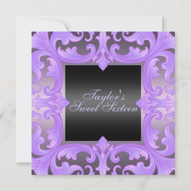 Sweet Sixteen Purple Damask Design Birthday Invite (Front)