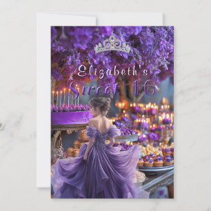 Sweet Sixteen Purple Dress Flowers Cake Invitation