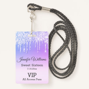 sweet sixteen purple dripping glitters vip pass ID badge