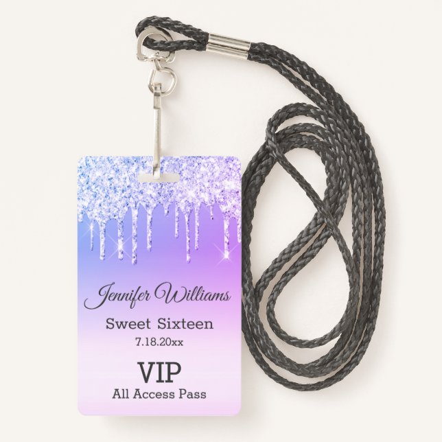 sweet sixteen purple dripping glitters vip pass ID badge (Front with Lanyard)