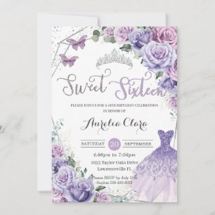 Sweet Sixteen Purple Floral 16th Birthday Dress Invitation