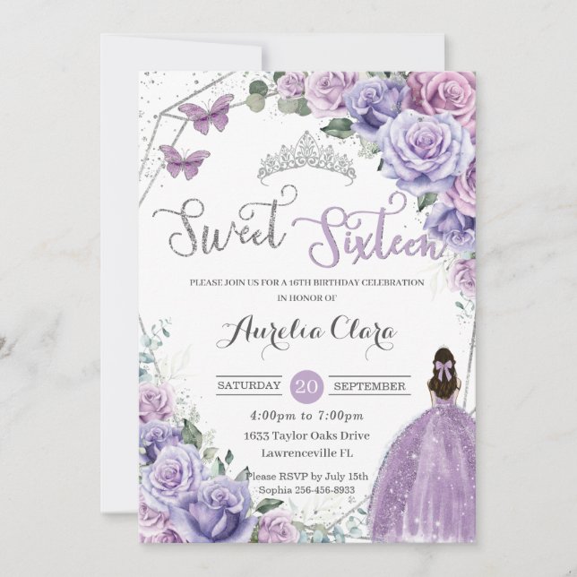 Sweet Sixteen Purple Floral Princess 16th Birthday Invitation (Front)