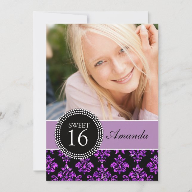 SWEET SIXTEEN, PURPLE GLITTER,  BLACK DAMASK INVITATION (Front)