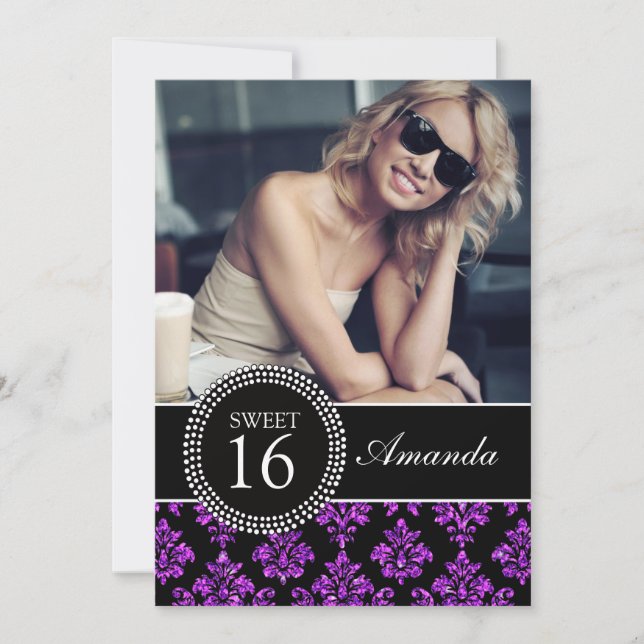 SWEET SIXTEEN, PURPLE GLITTER,  BLACK DAMASK INVITATION (Front)