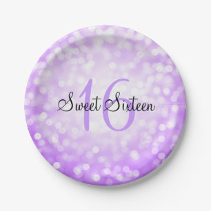 Sweet Sixteen Purple Glitter Lights Paper Plate