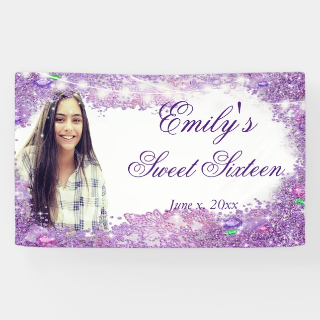 Sweet Sixteen Purple Glitter, Sparkle Lights Banner (Horizontal)
