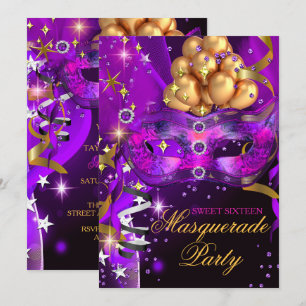 Sweet Sixteen Purple Gold Black Masquerade Party Invitation