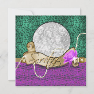"sweet sixteen" purple green bling 16 birthday invitation