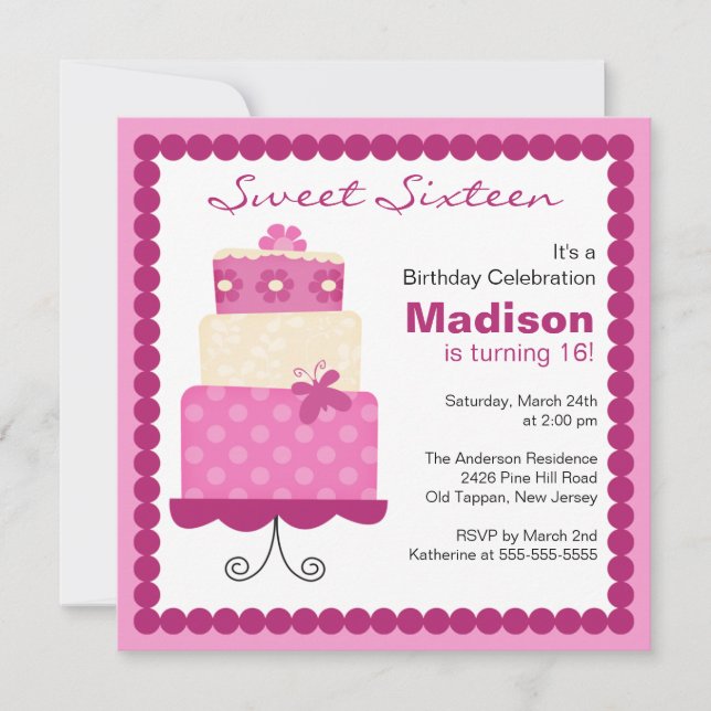 Sweet Sixteen Purple & Pink Cake Birthday Invite (Front)