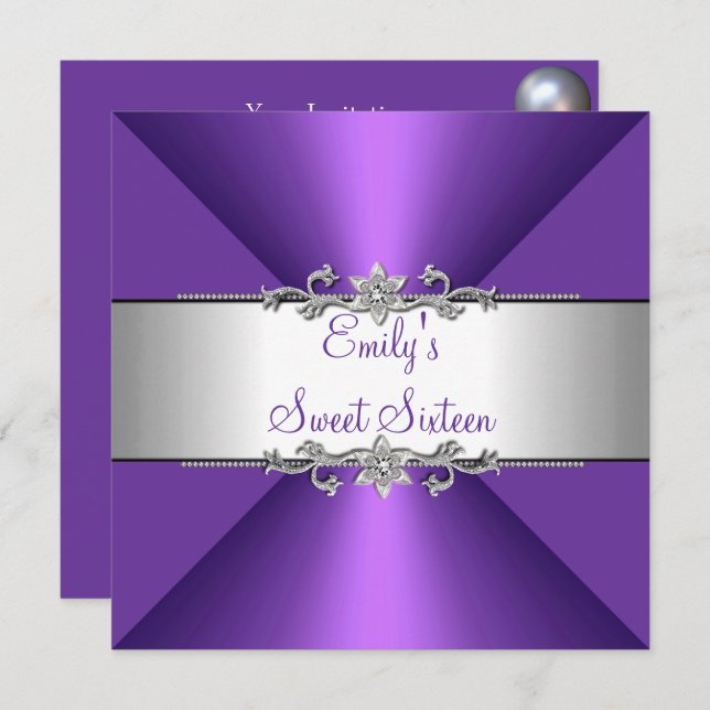 Sweet Sixteen Purple Silver Birthday Party Invitation (Front/Back)