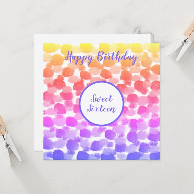 Sweet Sixteen Rainbow Colour Watercolor Birthday  Card (Front/Back In Situ)