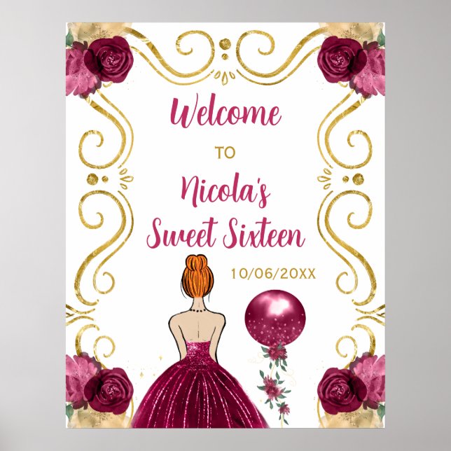 Sweet Sixteen Red Hair Princess Burgundy Welcome Poster (Front)