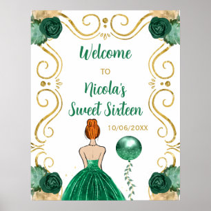 Sweet Sixteen Red Hair Princess Green Welcome Poster