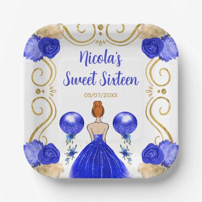 Sweet Sixteen Red Hair Princess in Blue Paper Plate (Front)