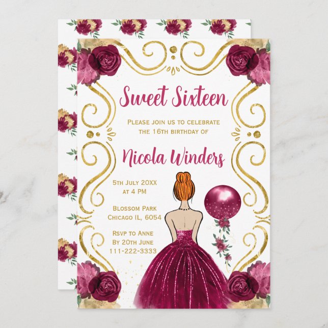 Sweet Sixteen Red Hair Princess in Burgundy Invitation (Front/Back)