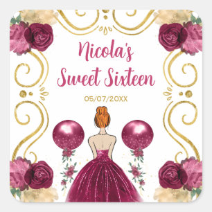 Sweet Sixteen Red Hair Princess in Burgundy Red Square Sticker