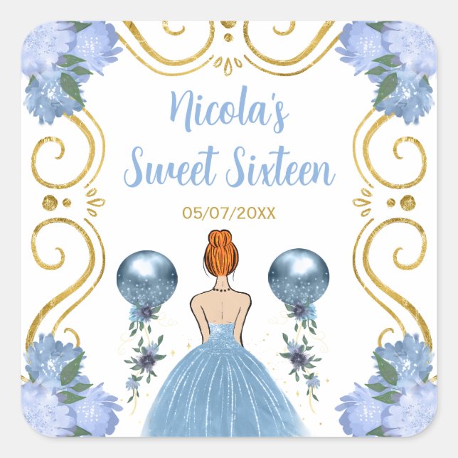 Sweet Sixteen Red Hair Princess in Dusty Blue Square Sticker (Front)