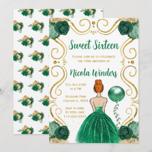 Sweet Sixteen Red Hair Princess in Green Invitation