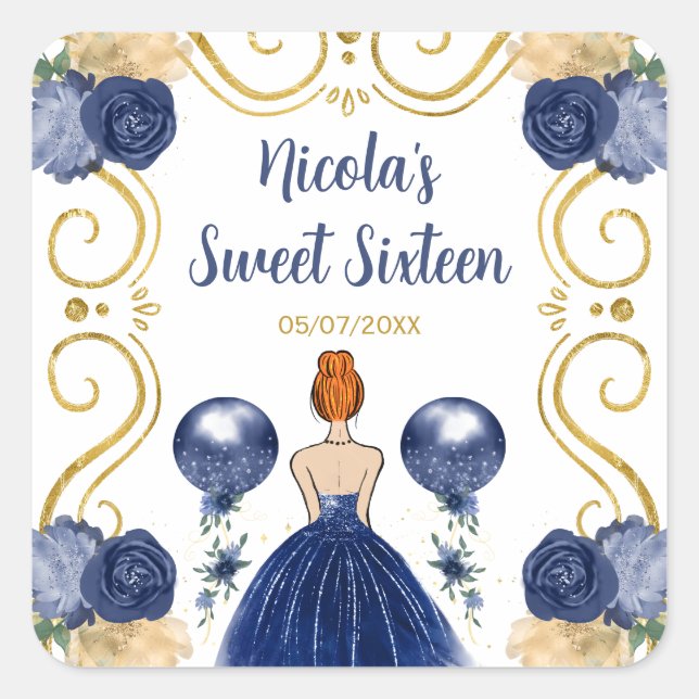 Sweet Sixteen Red Hair Princess in Navy Blue Square Sticker (Front)