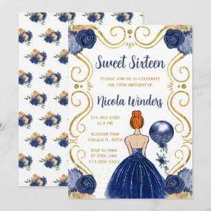 Sweet Sixteen Red Hair Princess in Navy Invitation