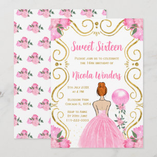 Sweet Sixteen Red Hair Princess in Pink Invitation