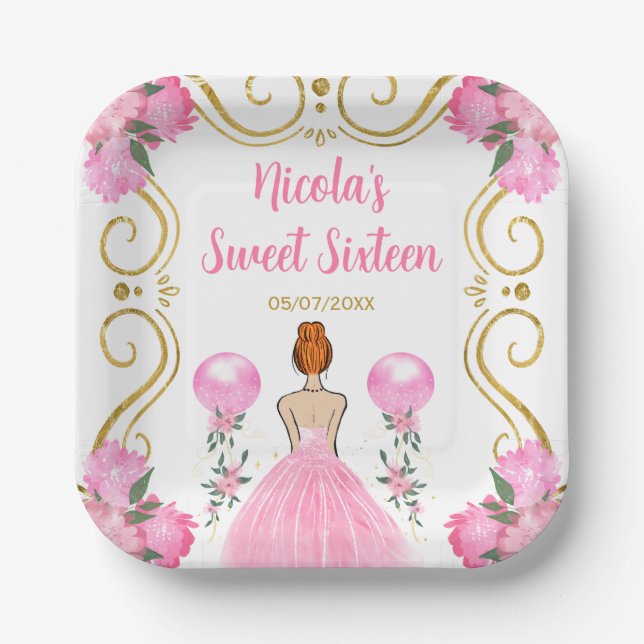Sweet Sixteen Red Hair Princess in Pink Paper Plate (Front)