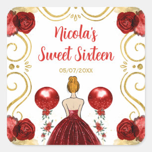 Sweet Sixteen Red Hair Princess in Red Square Sticker