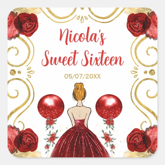 Sweet Sixteen Red Hair Princess in Red Square Sticker (Front)
