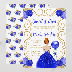 Sweet Sixteen Red Hair Princess in Royal Blue Invitation