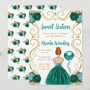 Sweet Sixteen Red Hair Princess in Teal Invitation