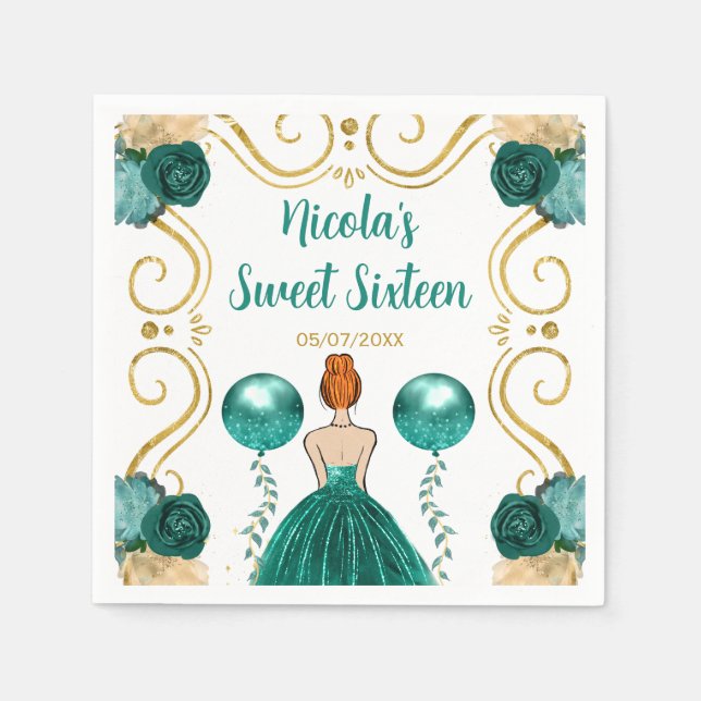 Sweet Sixteen Red Hair Princess in Teal Napkin (Front)
