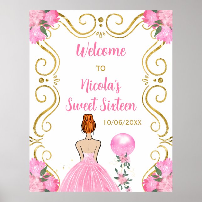 Sweet Sixteen Red Hair Princess Pink Welcome Poster (Front)