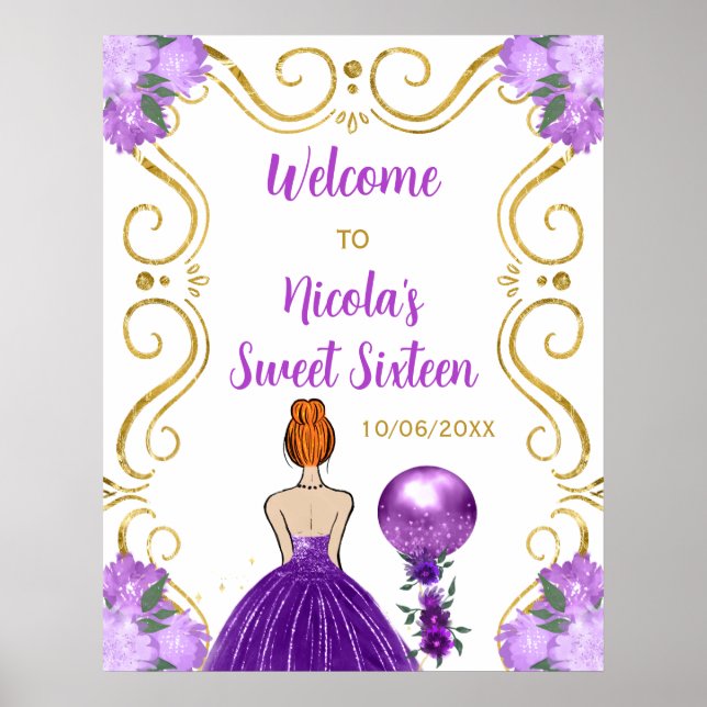 Sweet Sixteen Red Hair Princess Purple Welcome Poster (Front)