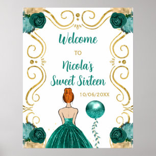 Sweet Sixteen Red Hair Princess Teal Blue Welcome Poster
