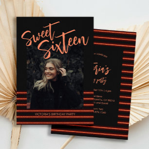 Sweet Sixteen Red Neon Glitter Birthday Party  Invitation