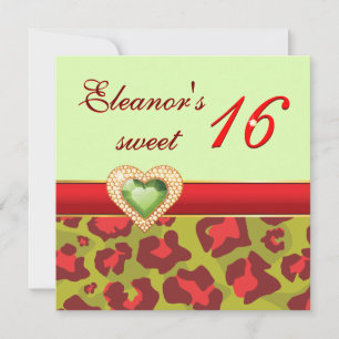 Sweet sixteen red olive green leopard jewel heart invitation