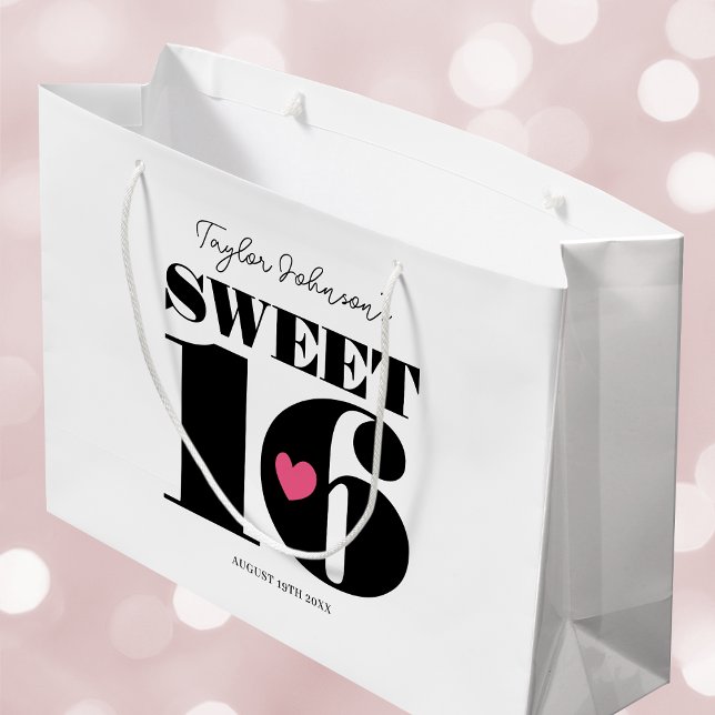 Sweet Sixteen Retro Birthday Teen White Pink Large Gift Bag (Creator Uploaded)