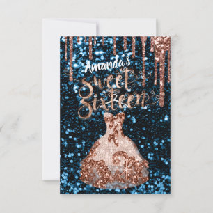 Sweet Sixteen Rose Floral Dress Glitter Drips Navy Invitation